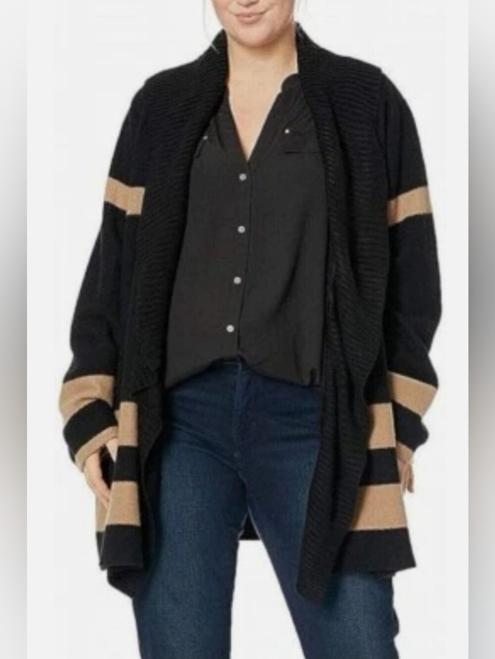 Calvin Klein Wool/Acrylic Black/Tan Striped Open-Front Shawl Cardigan 1X